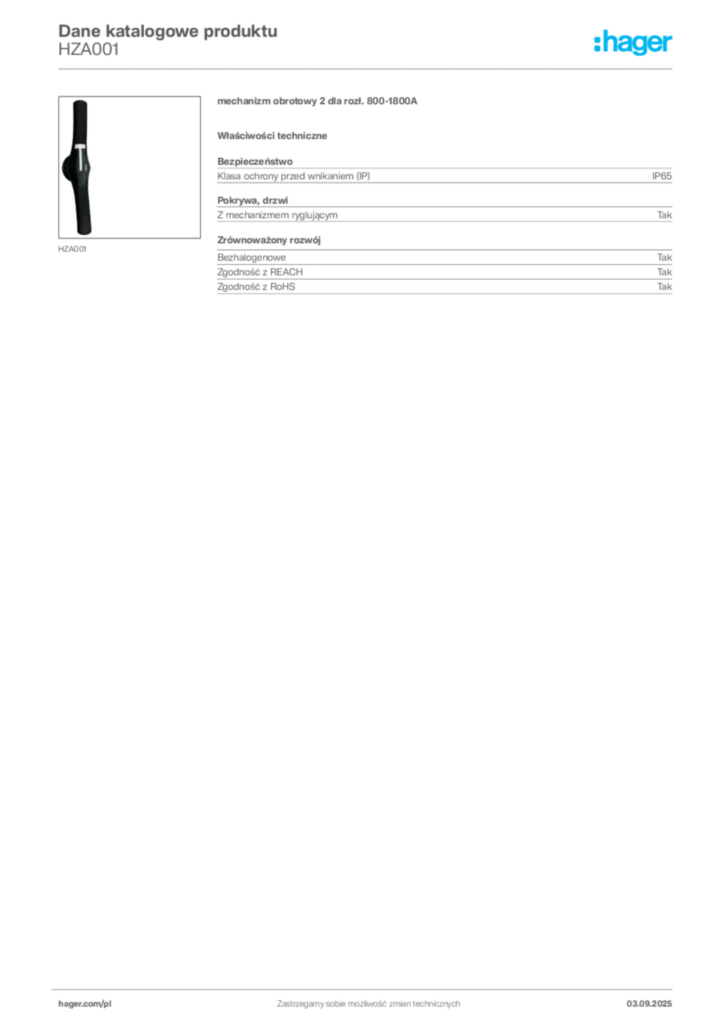 Zdjęcie Hager Karta katalogowa HZA001 | Hager Polska