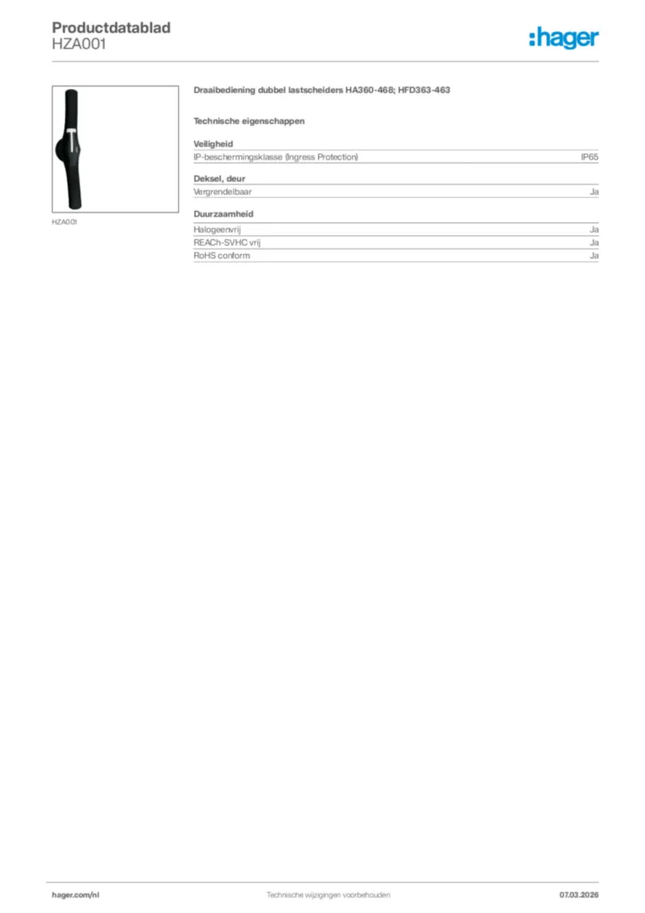 Afbeelding Hager Productdatablad HZA001 | Hager Nederland