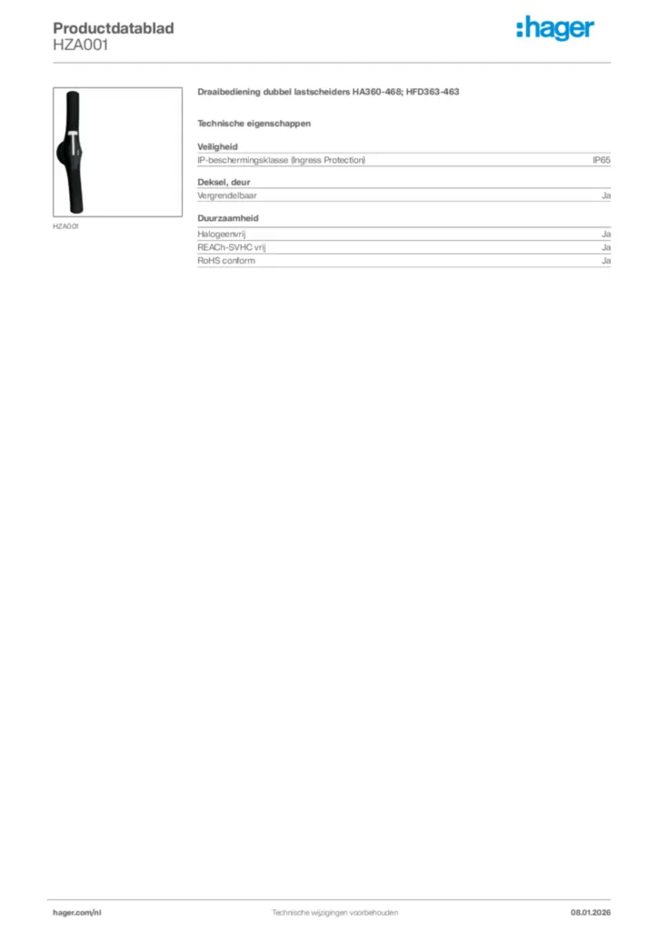 Afbeelding Hager Productdatablad HZA001 | Hager Nederland