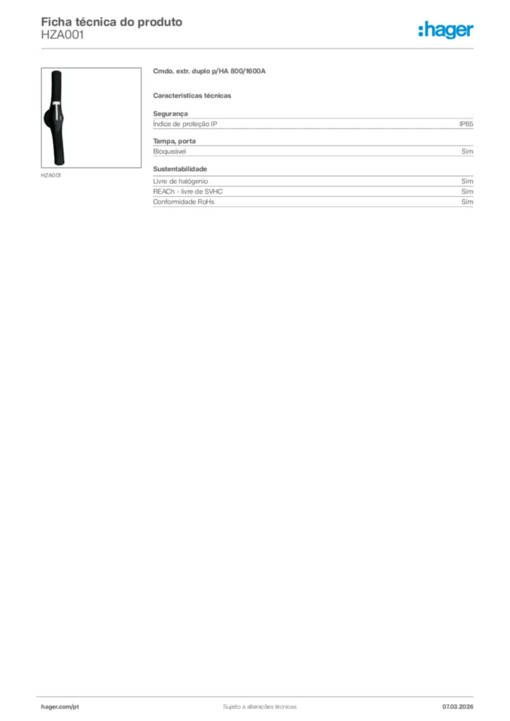 Imagem Hager Ficha técnica do produto HZA001 | Hager Portugal