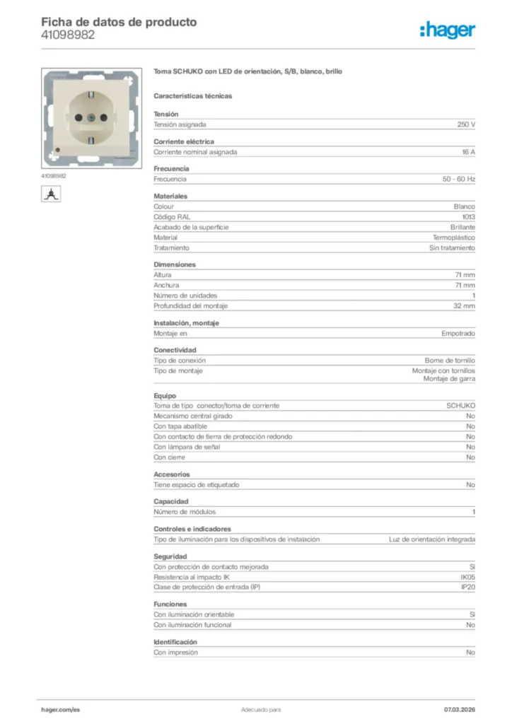 Imagen Hager Ficha de datos de producto 41098982 | Hager España