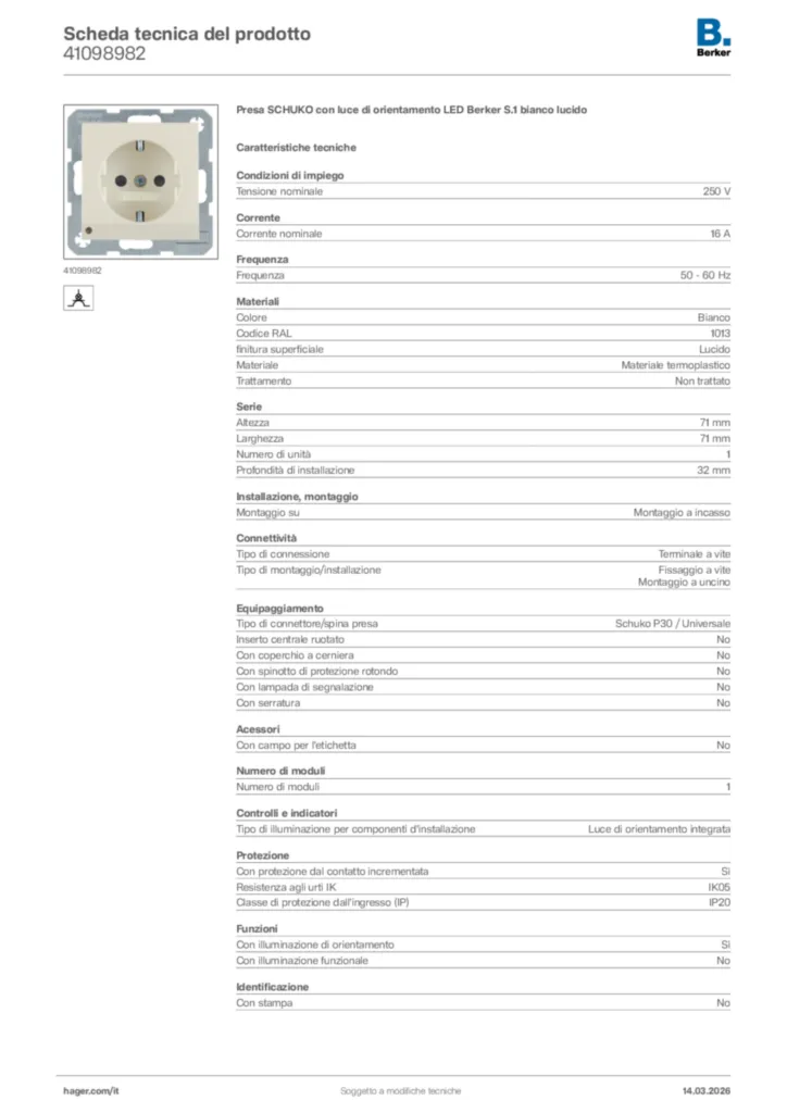 Immagine Berker Scheda tecnica del prodotto 41098982 | Hager Italia
