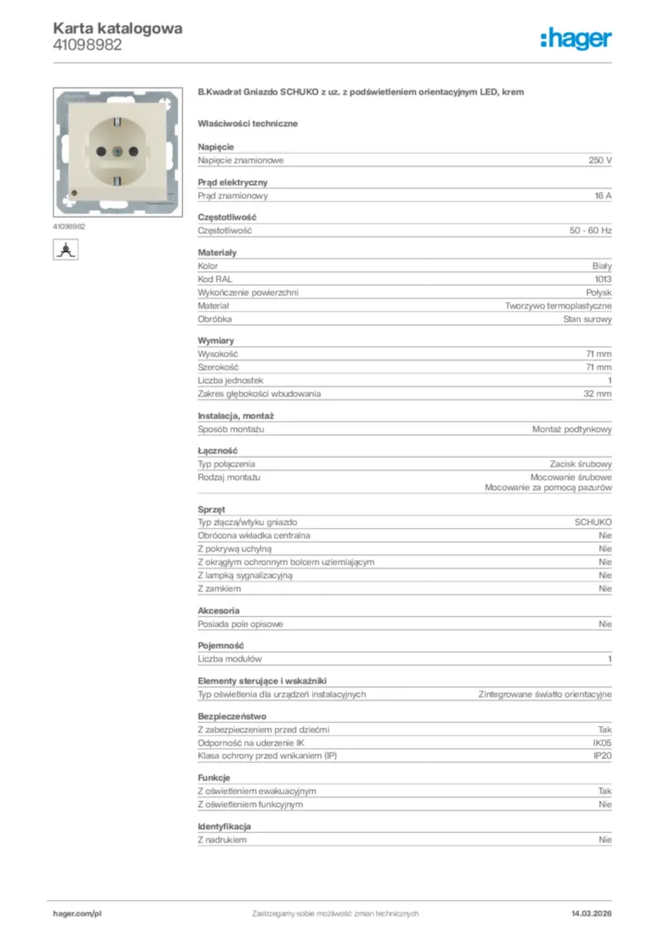 Zdjęcie Hager Karta katalogowa 41098982 | Hager Polska