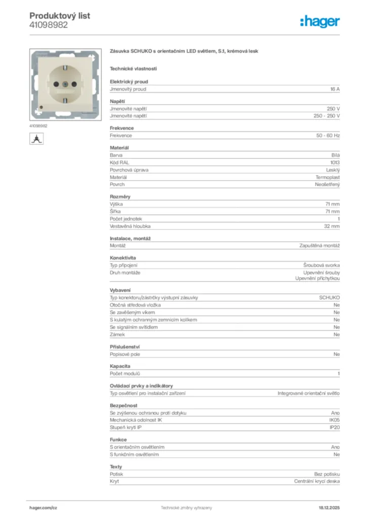 Obrázek Hager Produktový list 41098982 | Hager