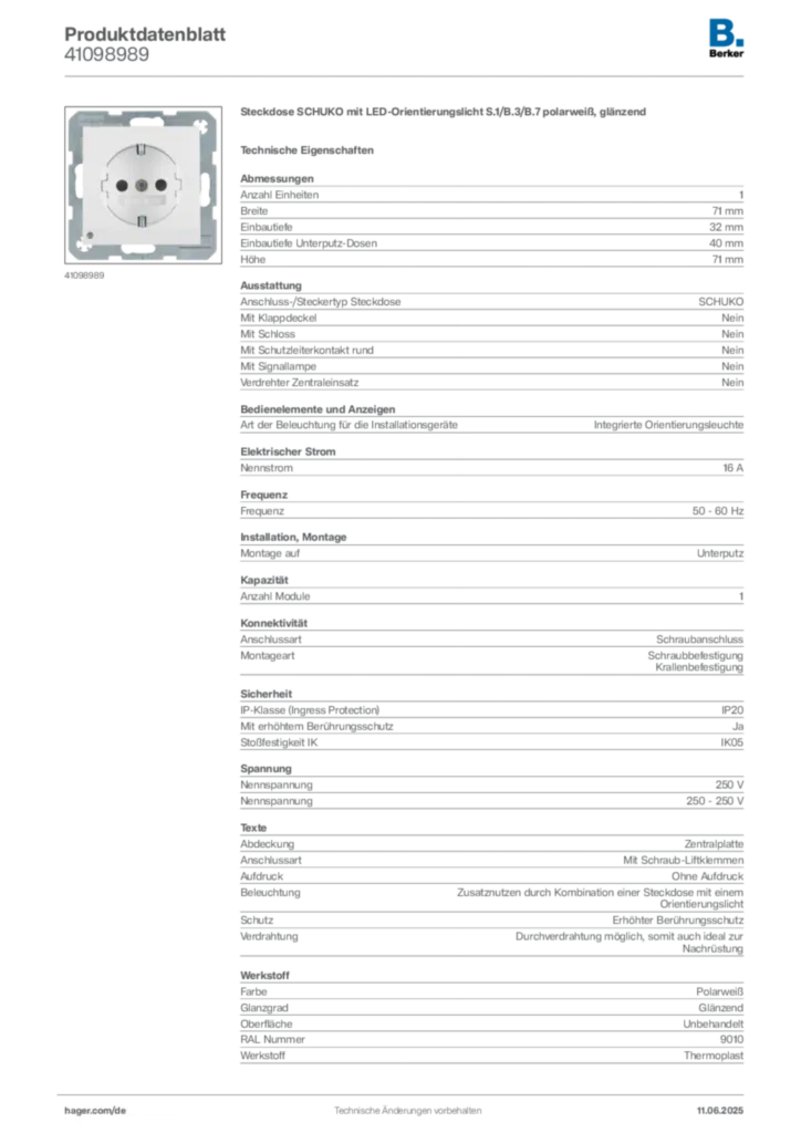 Bild Berker Produktdatenblatt 41098989 | Hager Deutschland