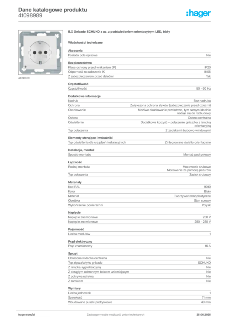 Zdjęcie Hager Karta katalogowa 41098989 | Hager Polska