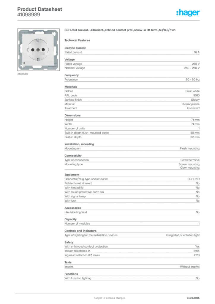 Image Hager Product data sheet 41098989  | Hager