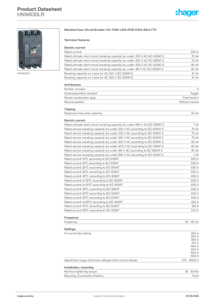 Image Hager Product data sheet HNW630LR  | Hager Australia