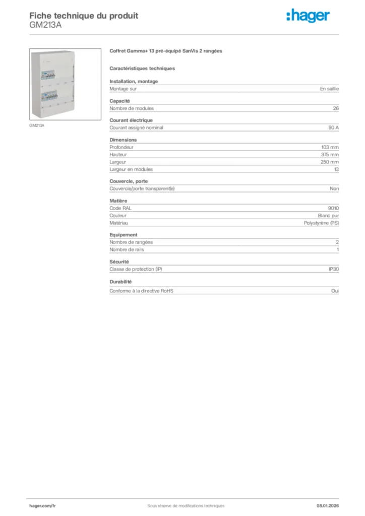 Image Hager Fiche technique du produit GM213A | Hager France