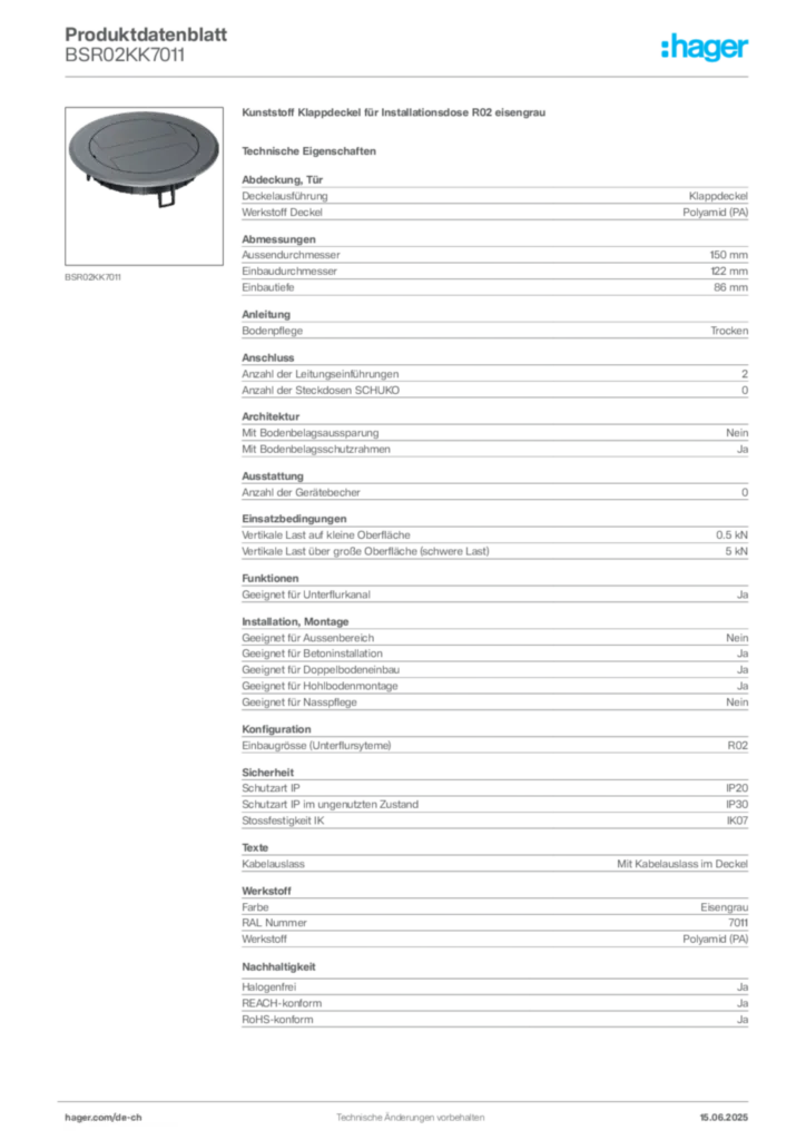 Bild Hager Produktdatenblatt BSR02KK7011 | Hager Schweiz