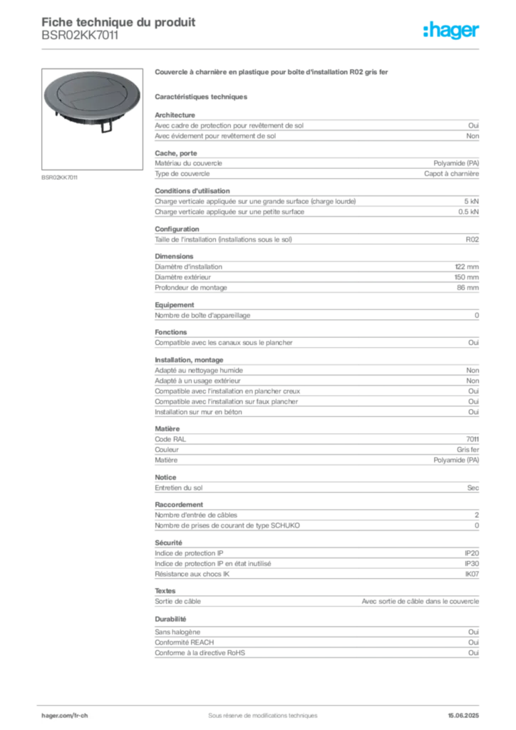 Image Hager Fiche technique du produit BSR02KK7011 | Hager Suisse