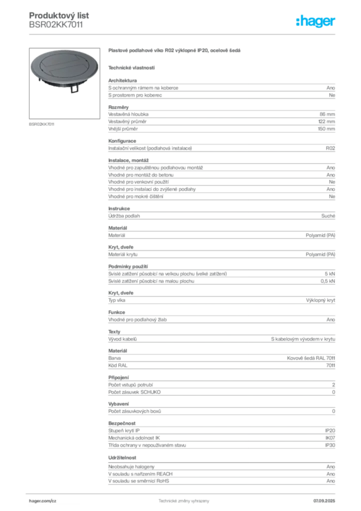 Obrázek Hager Produktový list BSR02KK7011 | Hager