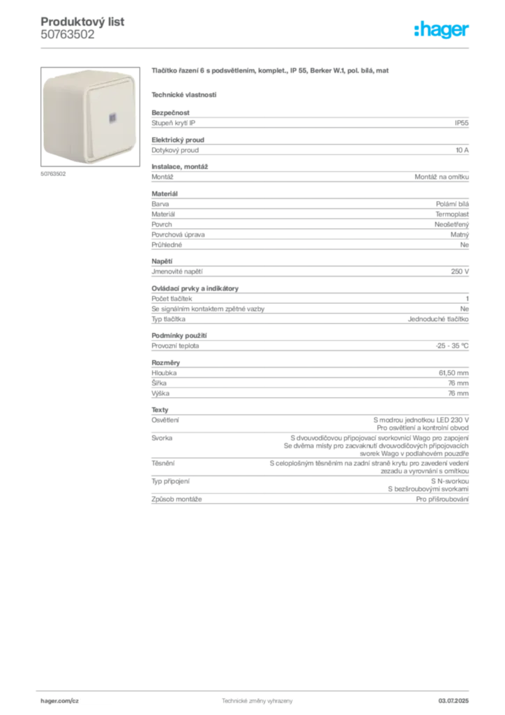 Obrázek Hager Produktový list 50763502 | Hager