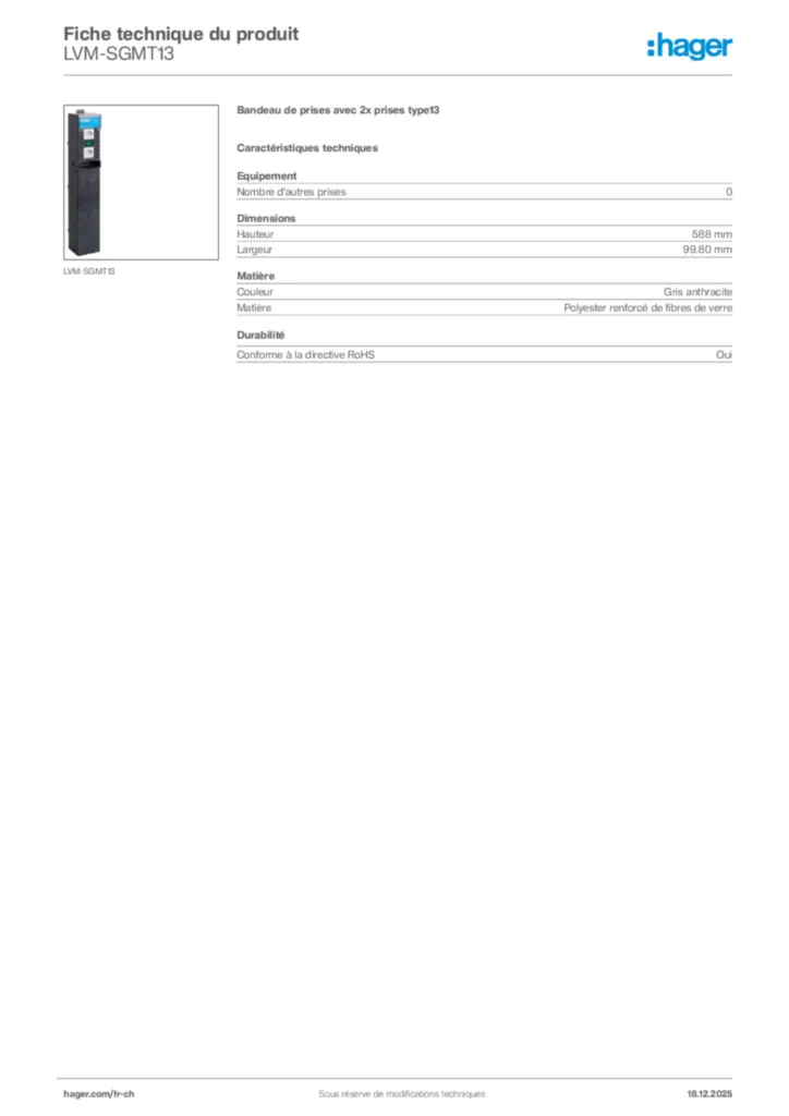 Image Hager Fiche technique du produit LVM-SGMT13 | Hager Suisse