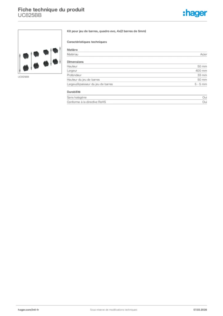 Image Hager Fiche technique du produit UC825BB | Hager Afrique