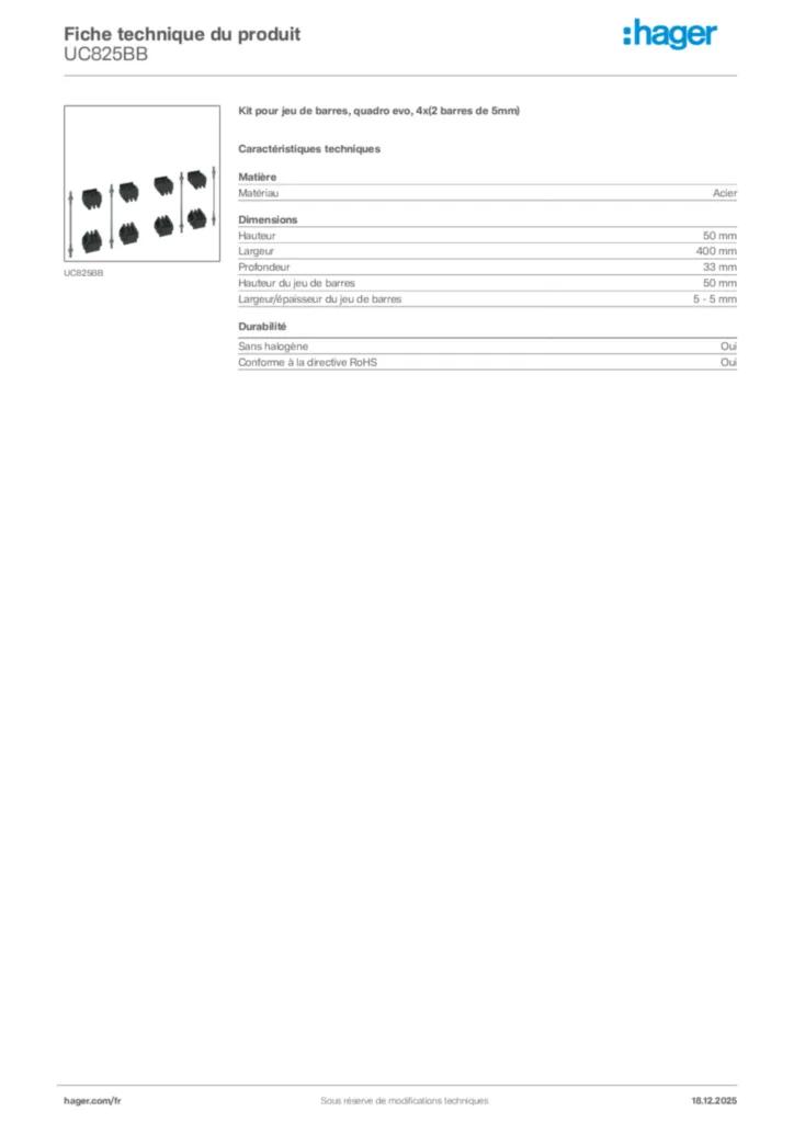 Image Hager Fiche technique du produit UC825BB | Hager France