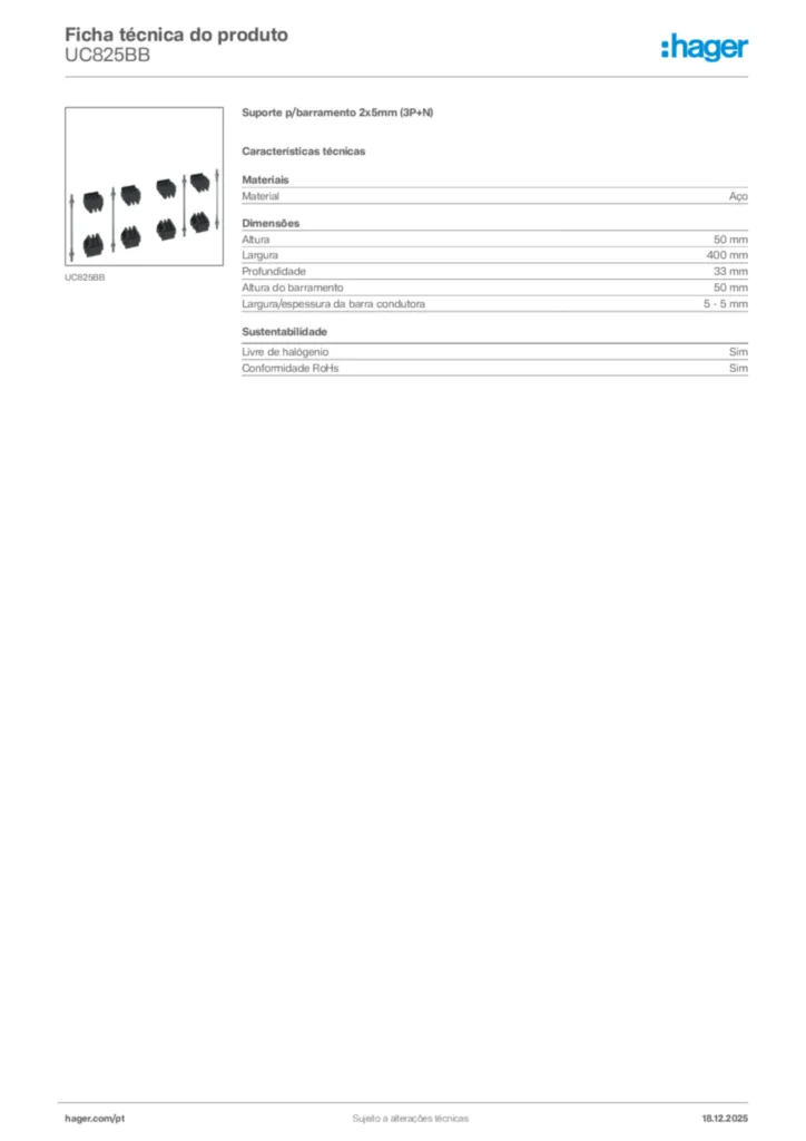 Imagem Hager Ficha técnica do produto UC825BB | Hager Portugal