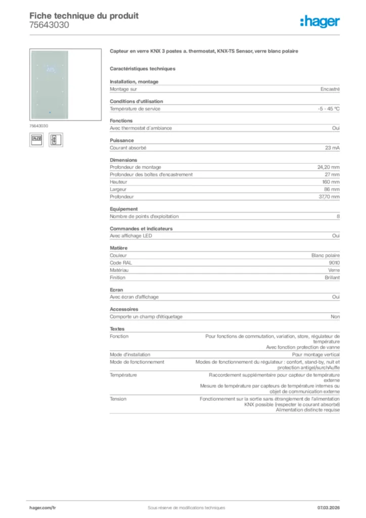 Image Hager Fiche technique du produit 75643030 | Hager France