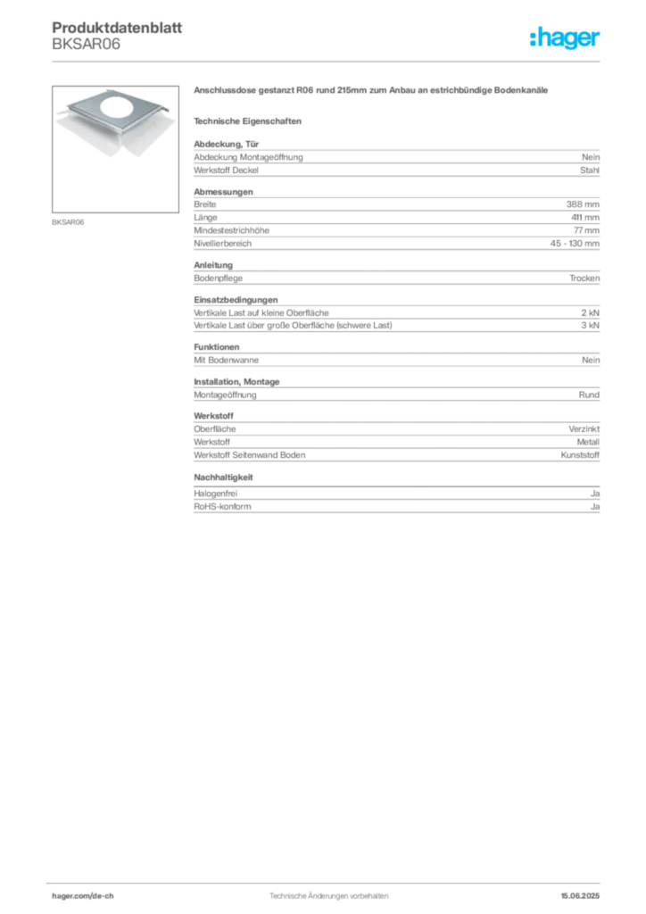 Bild Hager Produktdatenblatt BKSAR06 | Hager Schweiz