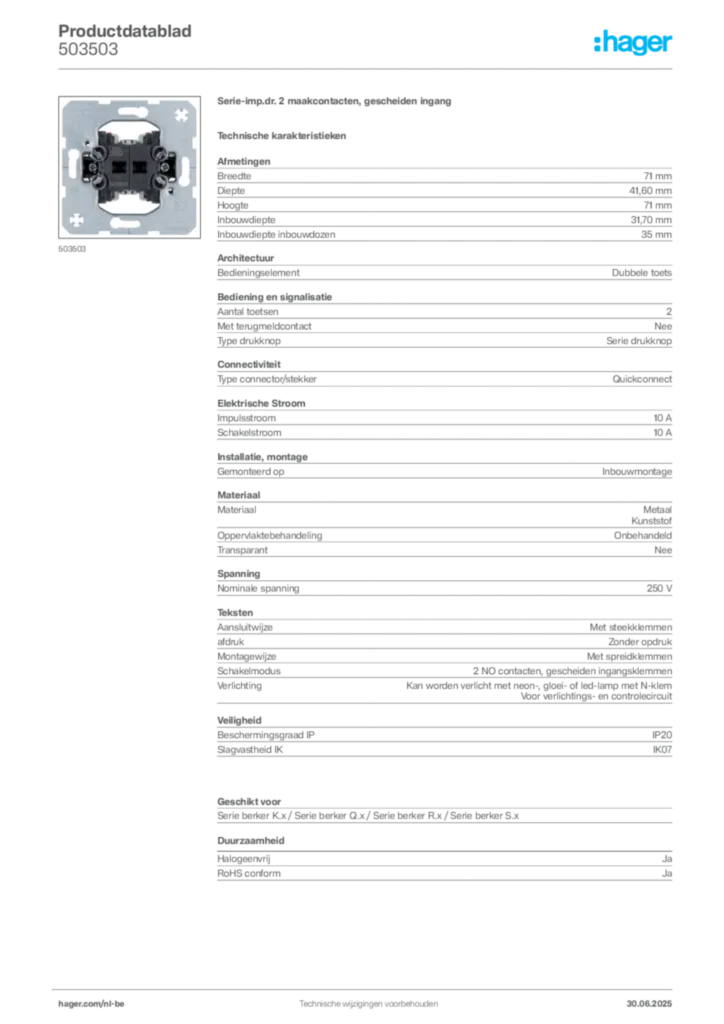 Afbeelding Hager Productdatablad 503503 | Hager Belgium