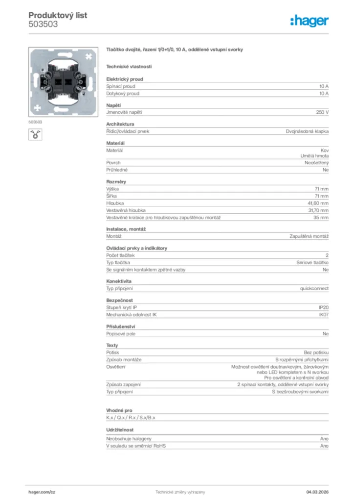 Obrázek Hager Product data sheet 503503 | Hager