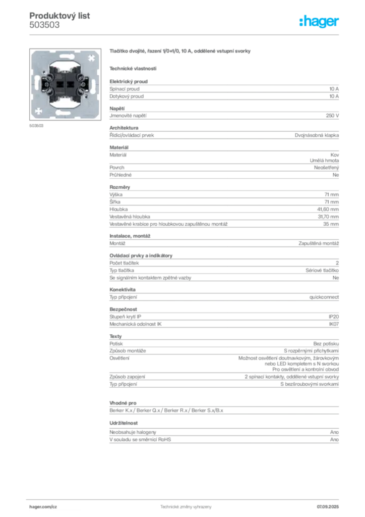 Obrázek Hager Produktový list 503503 | Hager