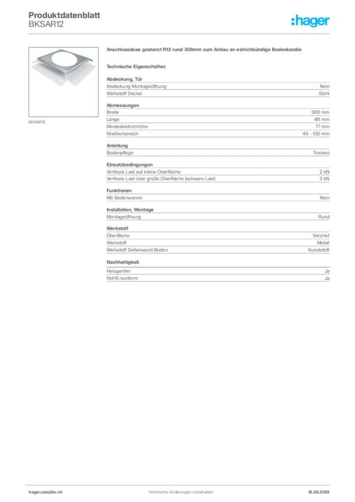 Bild Hager Produktdatenblatt BKSAR12 | Hager Schweiz