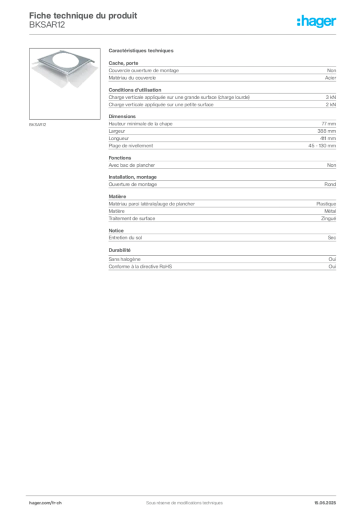 Image Hager Fiche technique du produit BKSAR12 | Hager Suisse