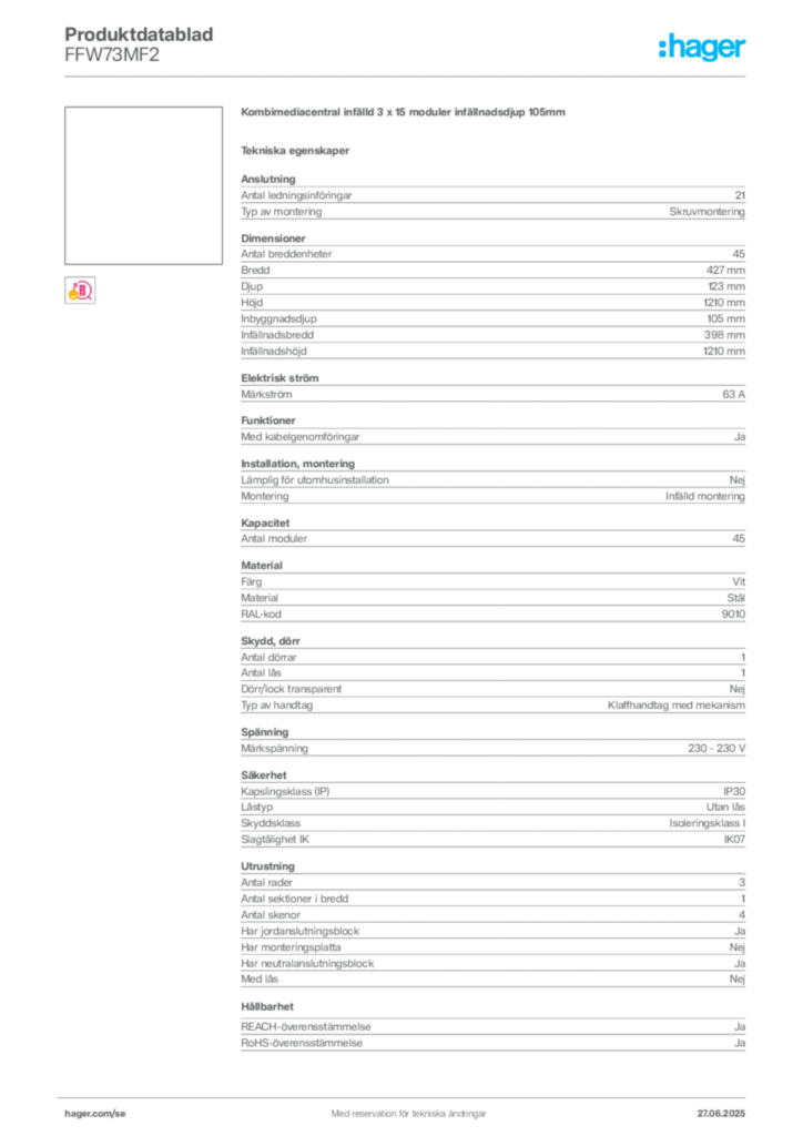 Bild Hager Produktdatablad FFW73MF2 | Hager Sverige