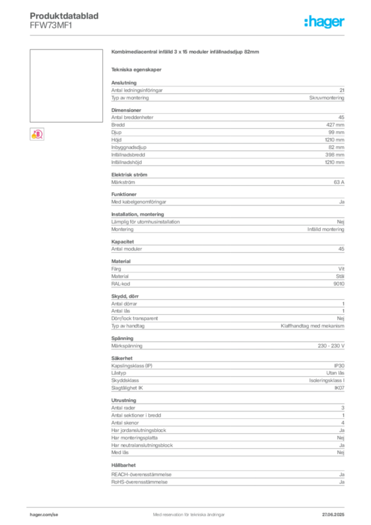 Bild Hager Produktdatablad FFW73MF1 | Hager Sverige