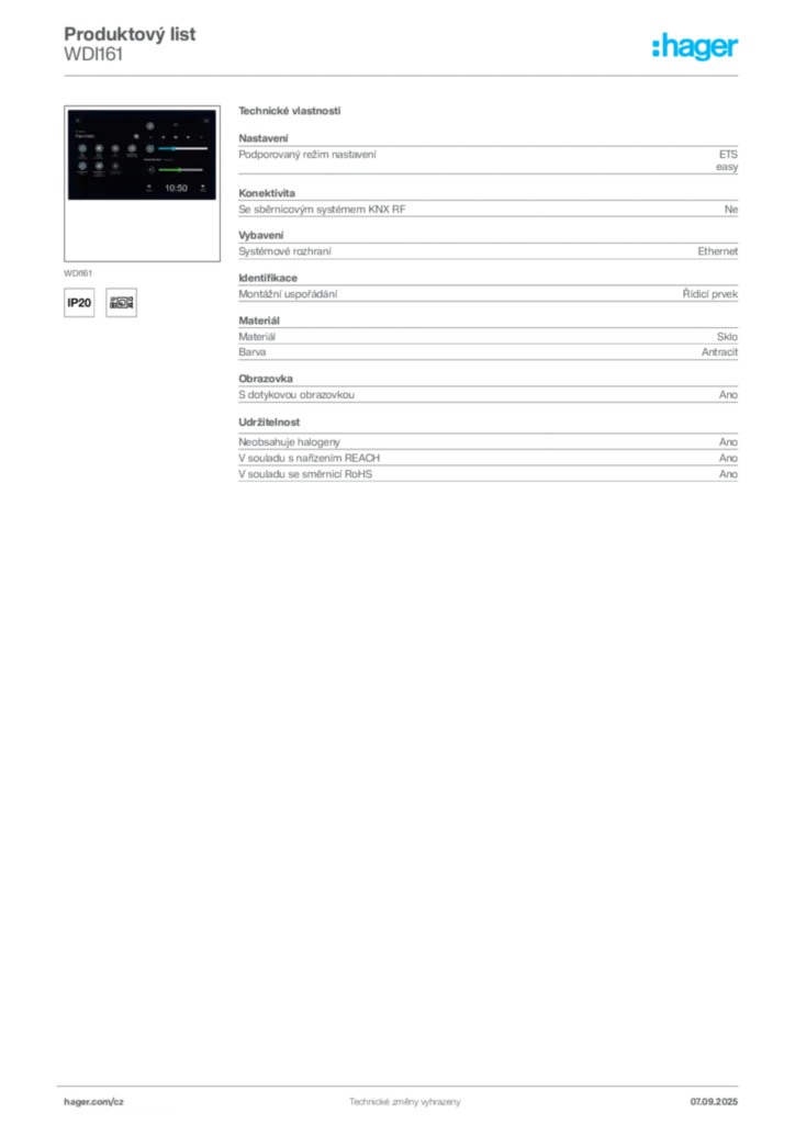 Obrázek Hager Produktový list WDI161 | Hager