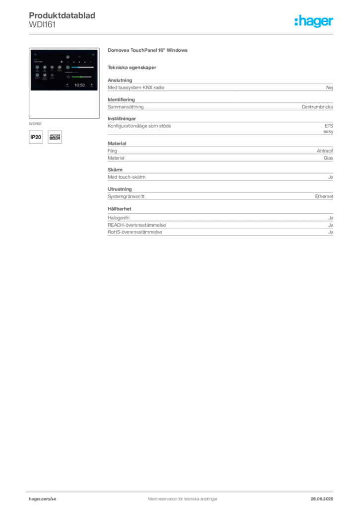 Bild Hager Produktdatablad WDI161 | Hager Sverige