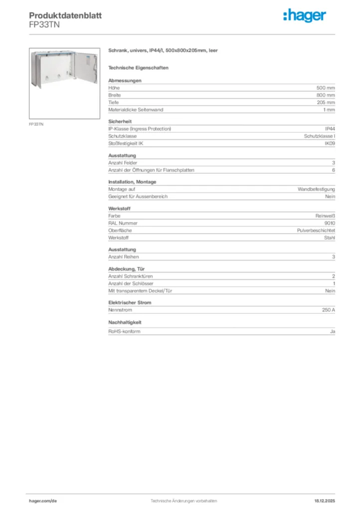 Bild Hager Produktdatenblatt FP33TN | Hager Deutschland