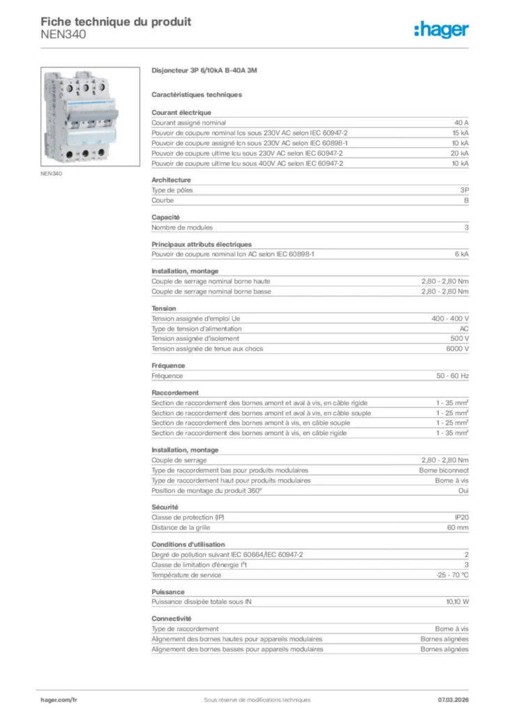 Image Hager Fiche technique du produit NEN340 | Hager France