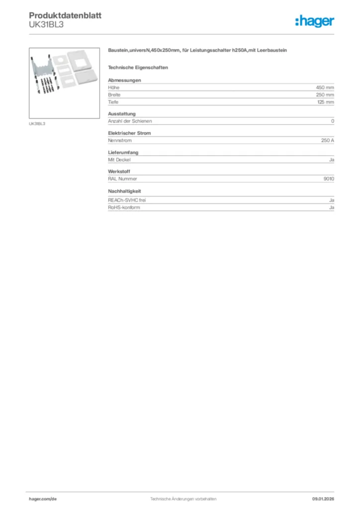 Bild Hager Produktdatenblatt UK31BL3 | Hager Deutschland