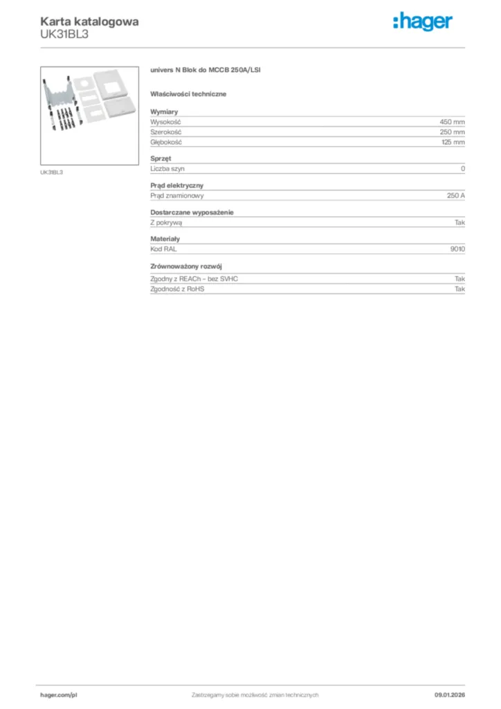 Zdjęcie Hager Karta katalogowa UK31BL3 | Hager Polska