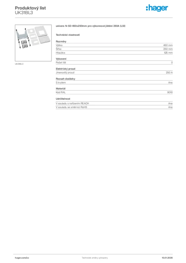 Obrázek Hager Product data sheet UK31BL3 | Hager