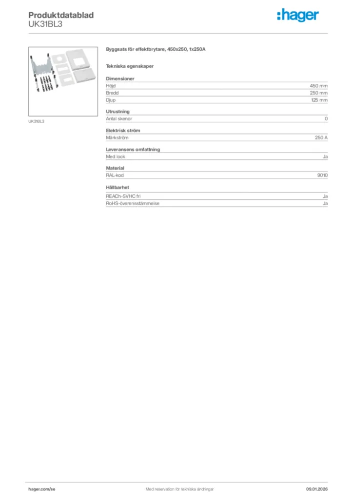 Bild Hager Produktdatablad UK31BL3 | Hager Sverige