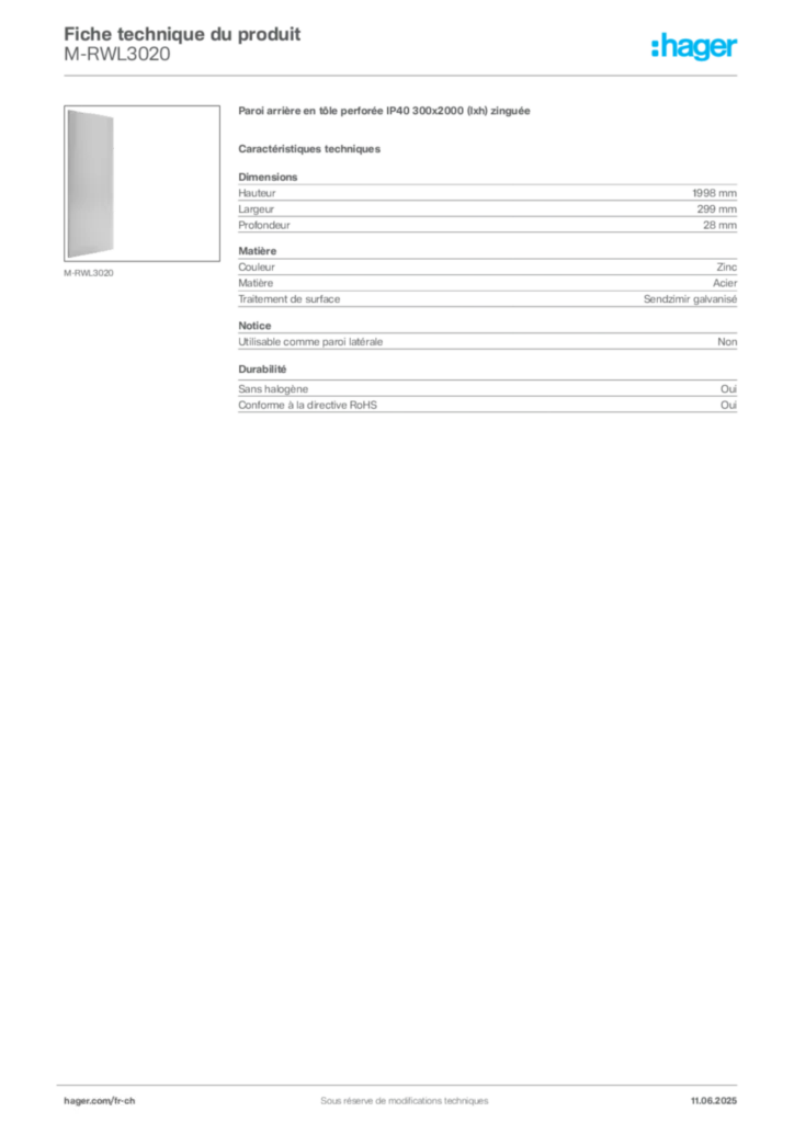 Image Hager Fiche technique du produit M-RWL3020 | Hager Suisse