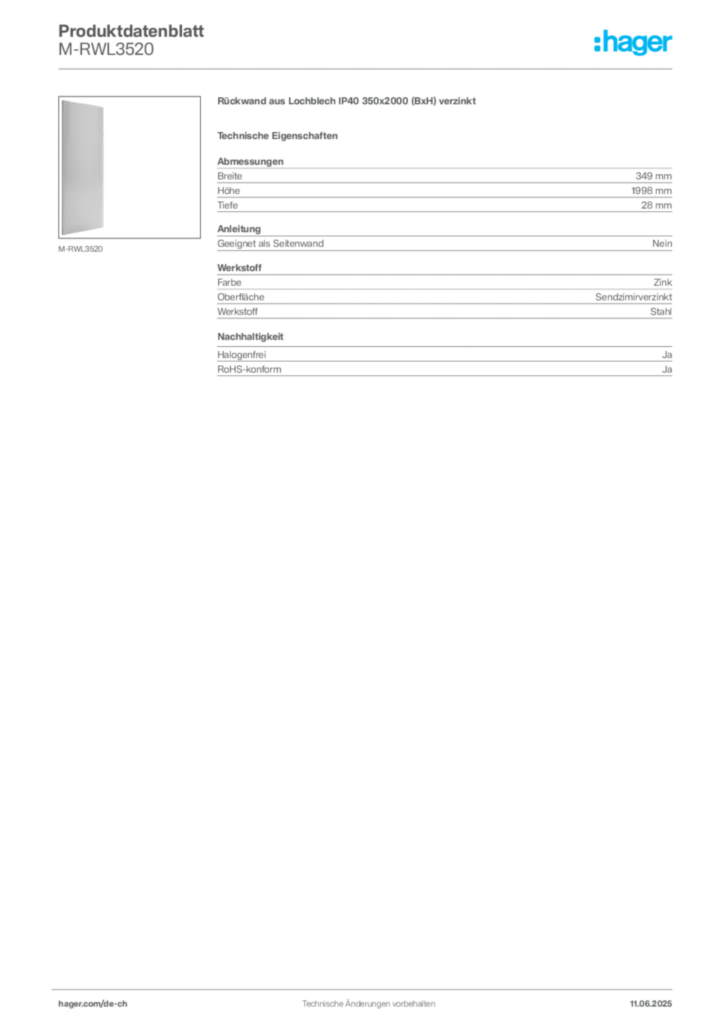 Bild Hager Produktdatenblatt M-RWL3520 | Hager Schweiz