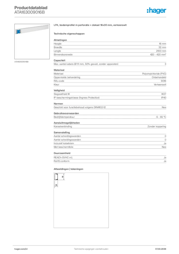Afbeelding Hager Productdatablad ATA163009016B | Hager Nederland