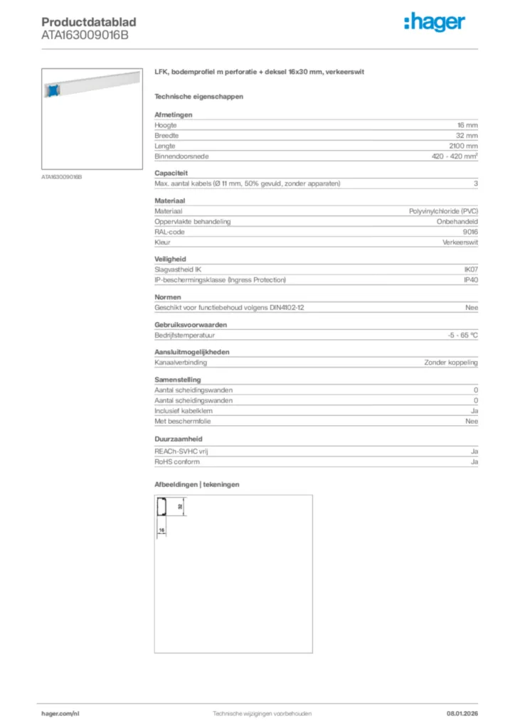 Afbeelding Hager Productdatablad ATA163009016B | Hager Nederland