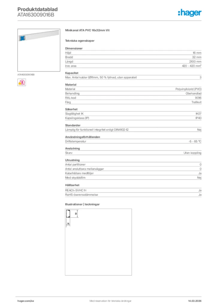 Bild Hager Produktdatablad ATA163009016B | Hager Sverige