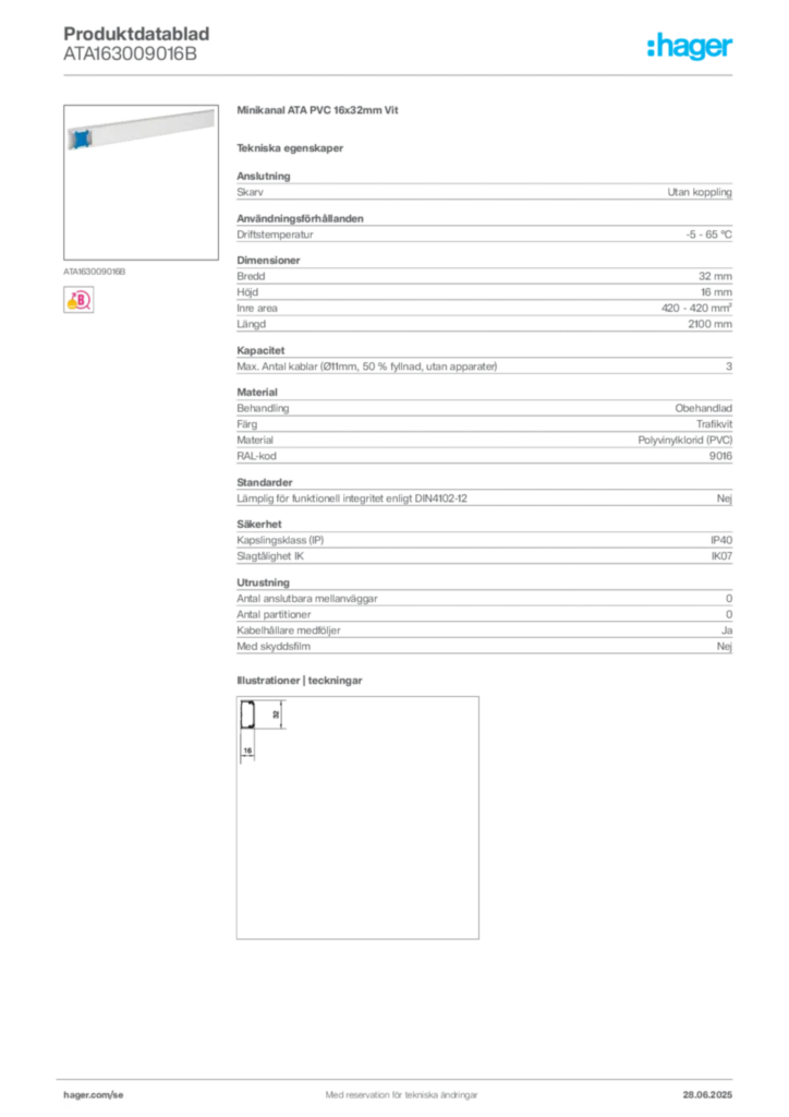 Bild Hager Produktdatablad ATA163009016B | Hager Sverige