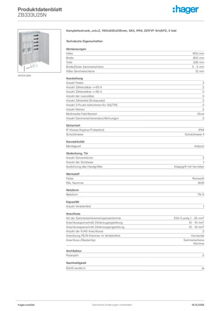 Bild Hager Produktdatenblatt ZB333U25N | Hager Deutschland
