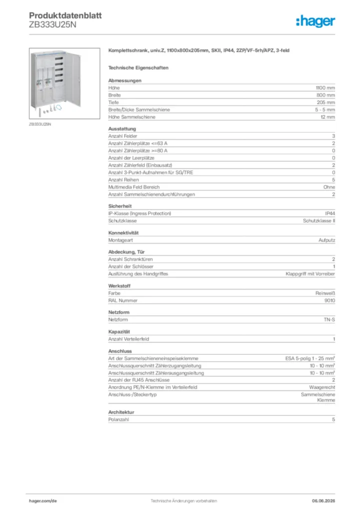 Bild Hager Produktdatenblatt ZB333U25N | Hager Deutschland