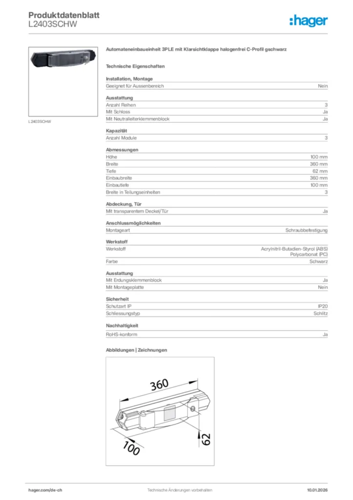Bild Hager Produktdatenblatt L2403SCHW | Hager Schweiz
