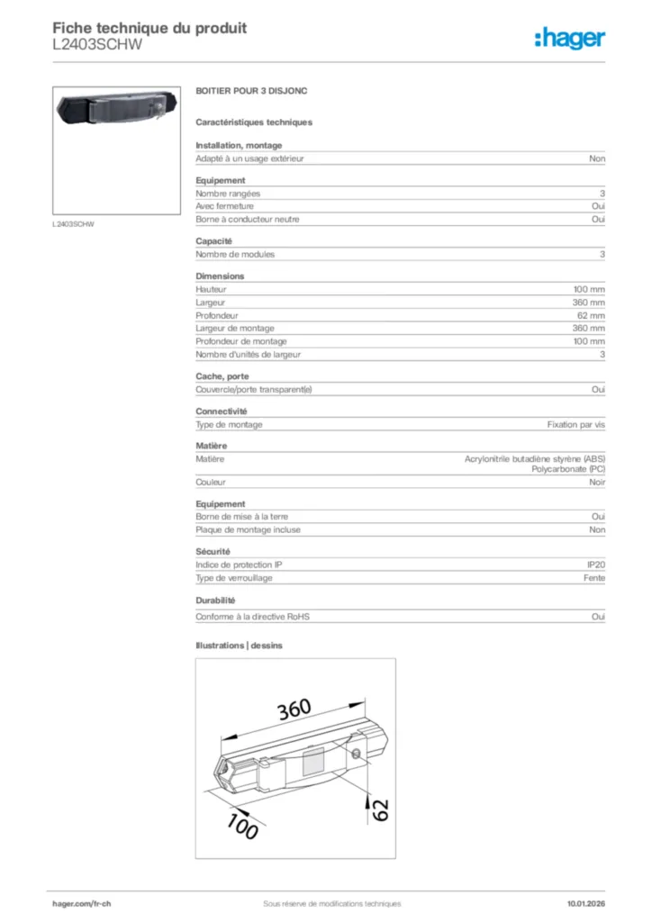 Image Hager Fiche technique du produit L2403SCHW | Hager Suisse