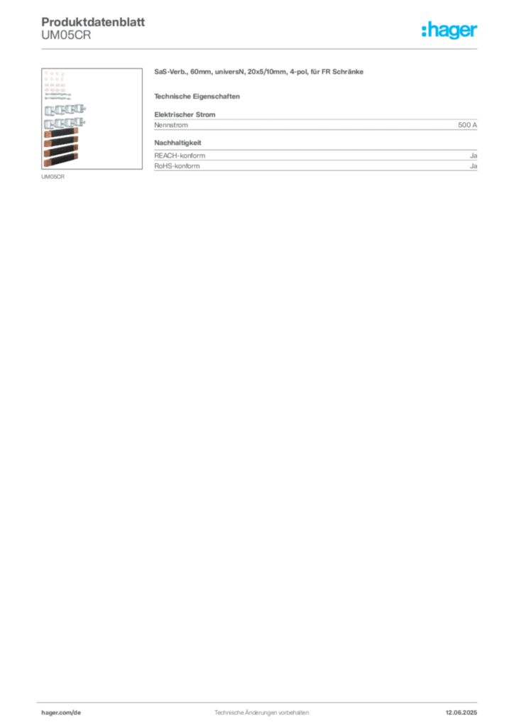 Hager Produktdatenblatt UM05CR