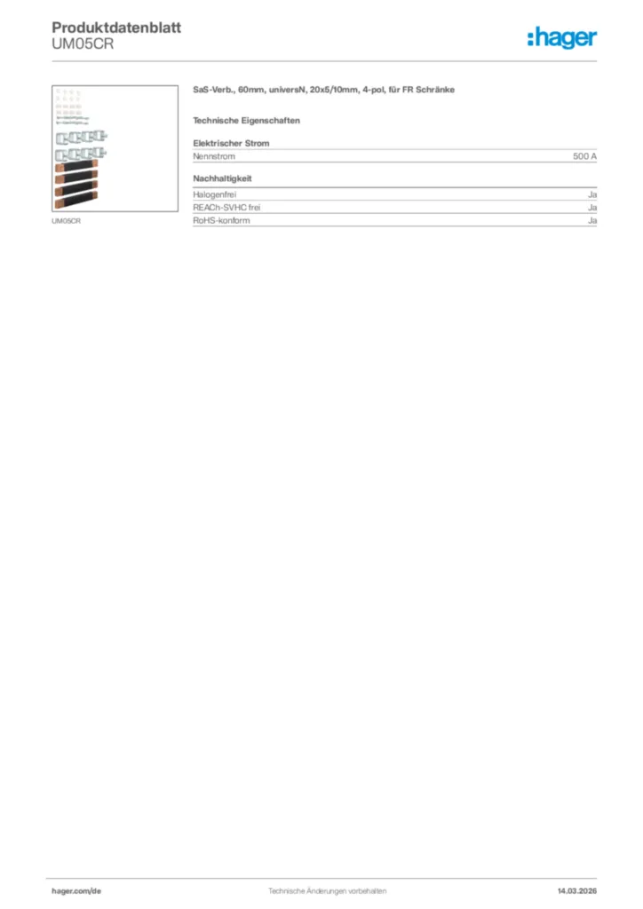 Bild Hager Produktdatenblatt UM05CR | Hager Deutschland